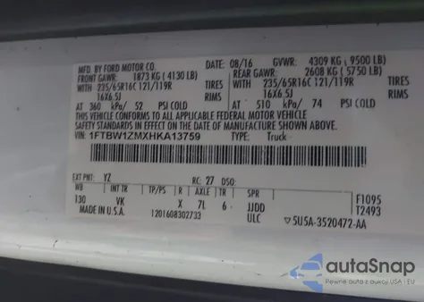 2017 Ford Transit-350 z USA, uszkodzony, nr VIN 1FTBW1ZMXHKA13759